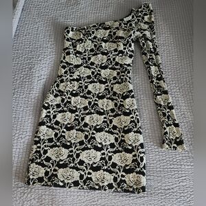 Mystic Black and Cream One-Shoulder Floral Dress